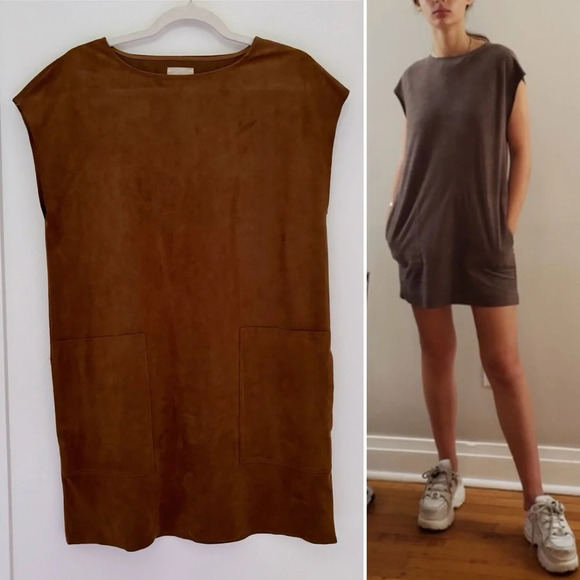 Aritzia Wilfred Free Faux Suede Dark Camel Brown Mini Dress Sz S Trompette Nori - Picture 1 of 9